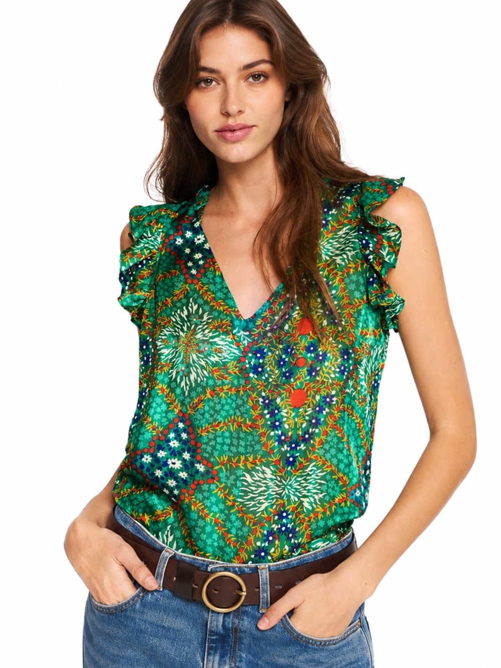 ba&sh Haby Green Metallic Floral Reversible Top XS